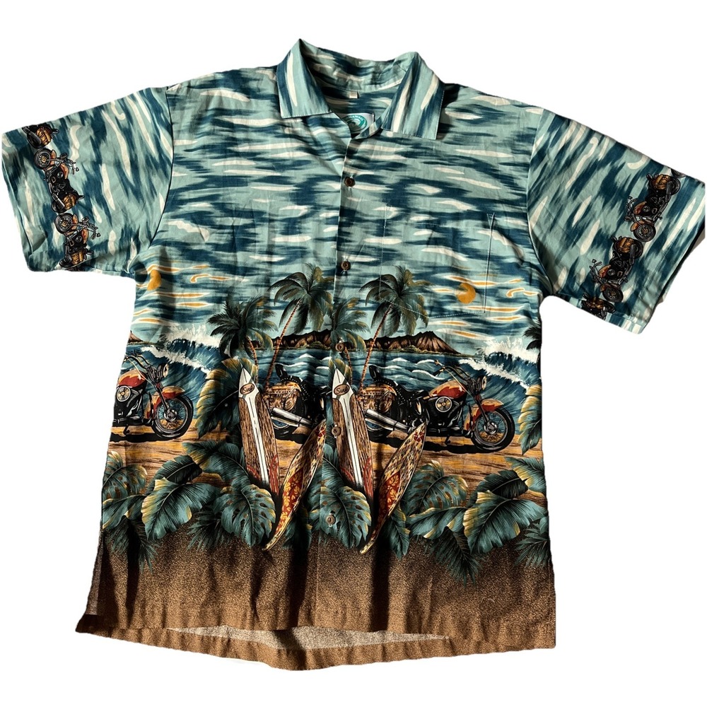 Go Hawaii Men's Hawaiian Button Down Shirt XL All Over Motorcycles Beach Cruise